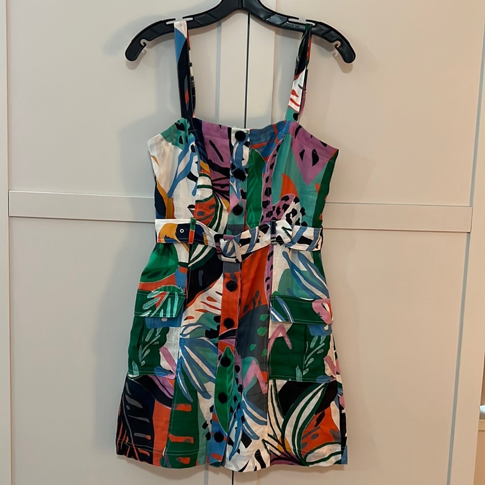 Linen tropical print parker dress with cargo pockets